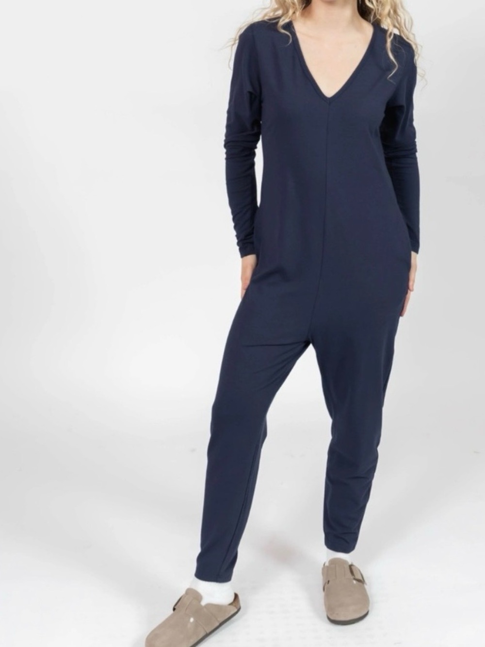 Smash + Tess Friday Romper Heathered Navy V-Neck Long-Sleeve Jumpsuit Pockets